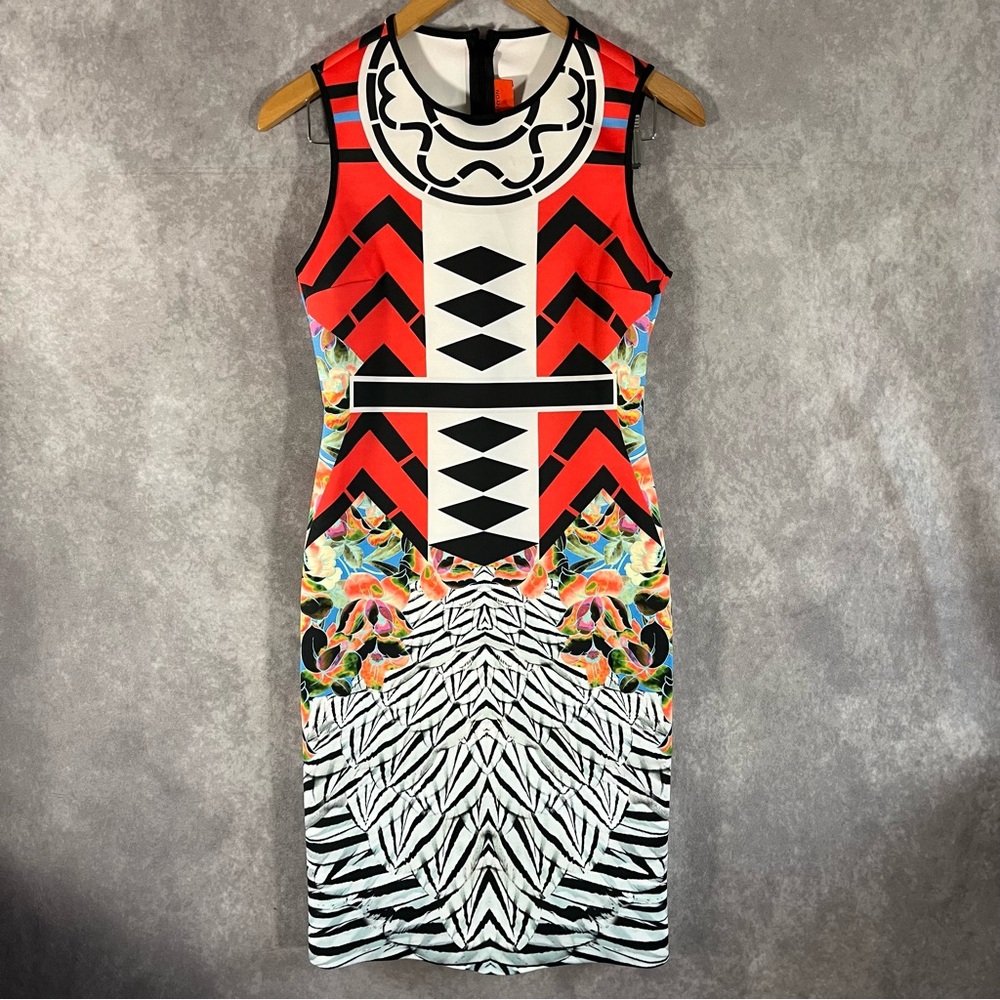 Clover Canyon Dress Womens Medium Toucan Sleeveless Tropical-Print Scuba Stretch